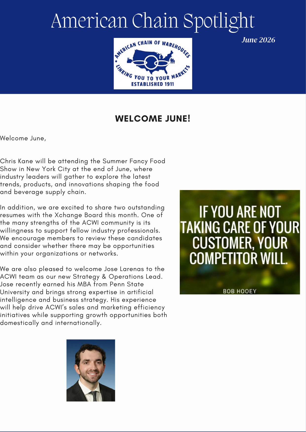 ACWI Spotlight June 2026 cover featuring Chris Kane's welcome letter to members