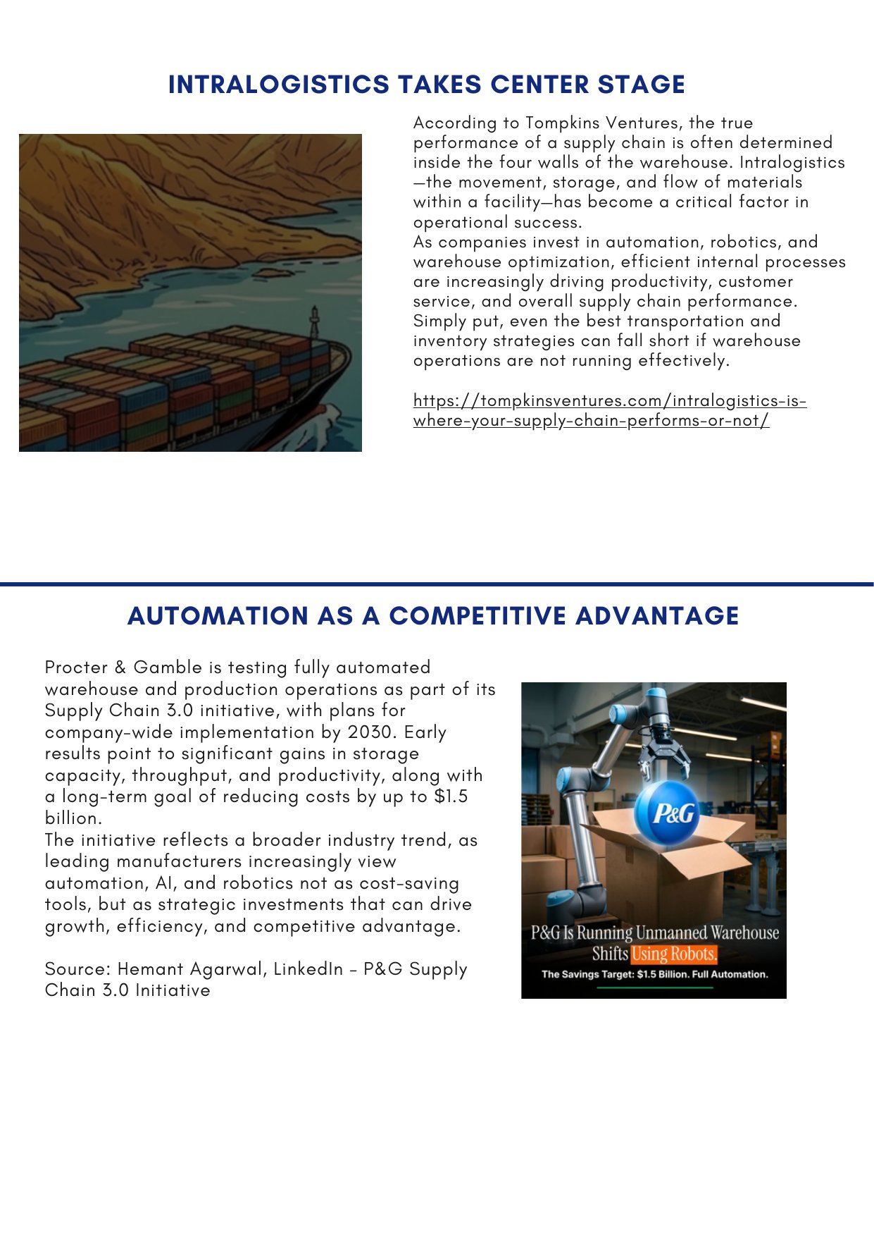 ACWI Spotlight June 2026 — page 5: Intralogistics and P&G automation visuals