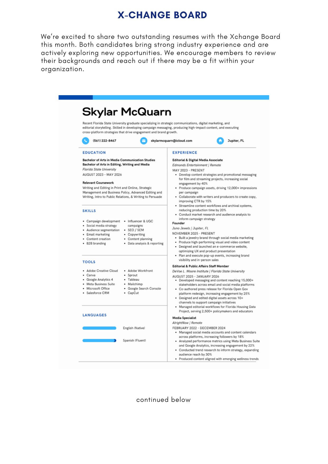 ACWI Spotlight June 2026 — page 6: X-Change Board candidate resumes
